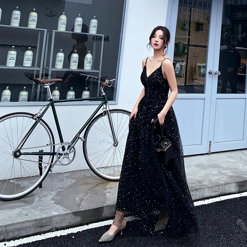 

2021 Formal Evening Dresses Black Stars Prints V-Neck Spaghetti Strap Floor Length Evening Dress Party Gown LF425