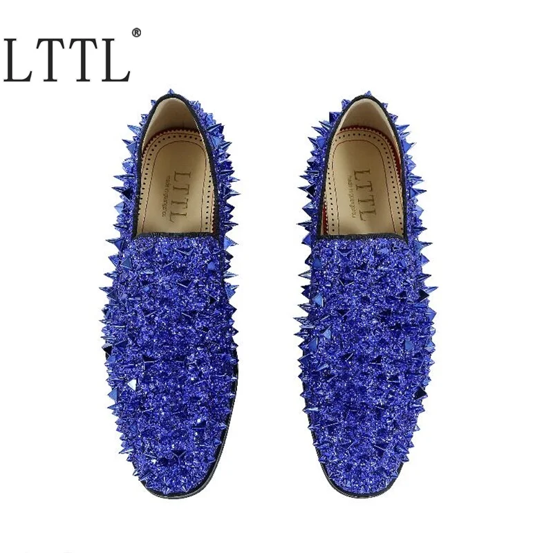 LTTL New Handmade Glitter Long Spikes Men Loafers Bling Sequins Men's Banquet Wedding Shoes Slip On Rivets Casual | Обувь