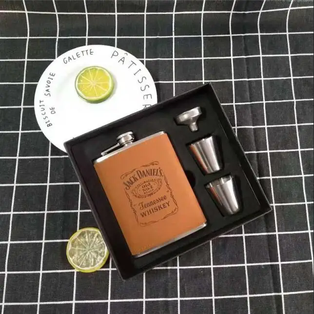8oz jack set 7/8 oz и желтый цвет, pu искусственная кожа, кожаный обруч виски кувшин 304 Спиртовка из нержавеющей стали Джек набор с плоской флягой с черной подарочной коробке - Цвет: 8oz jack set