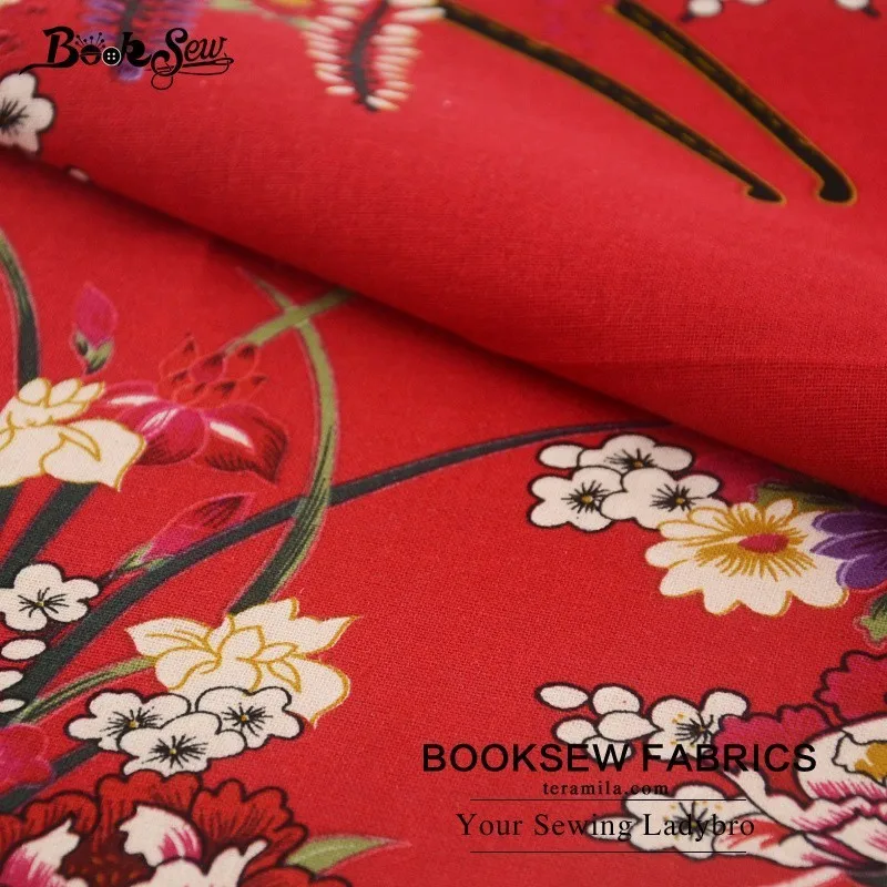 Тканевая ткань Booksew из натурального хлопка и льна с цветочным принтом красная для