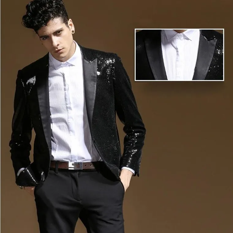 

New Black Sequined Wedding Tuxedos Slim Fit Cheap Groomsmen Suit Custom Made Mens Prom Party Suit Performance Suits