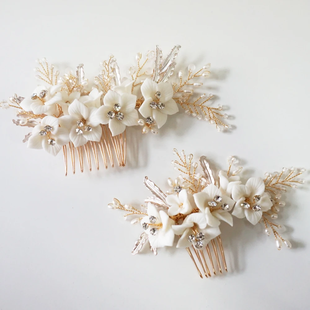 Фото Фарфоровый цветочный свадебный головной убор ручной работы Свадебный гребень