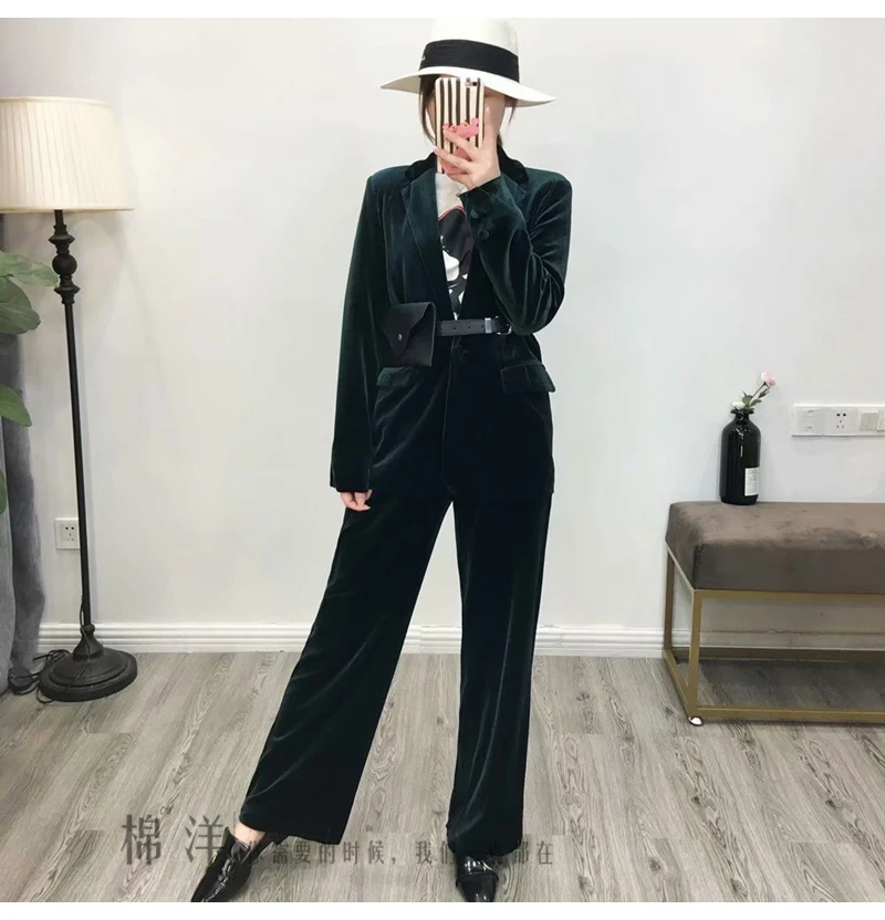 Женский брючный костюм повседневный однотонный зимний Золотой бархатный пиджак