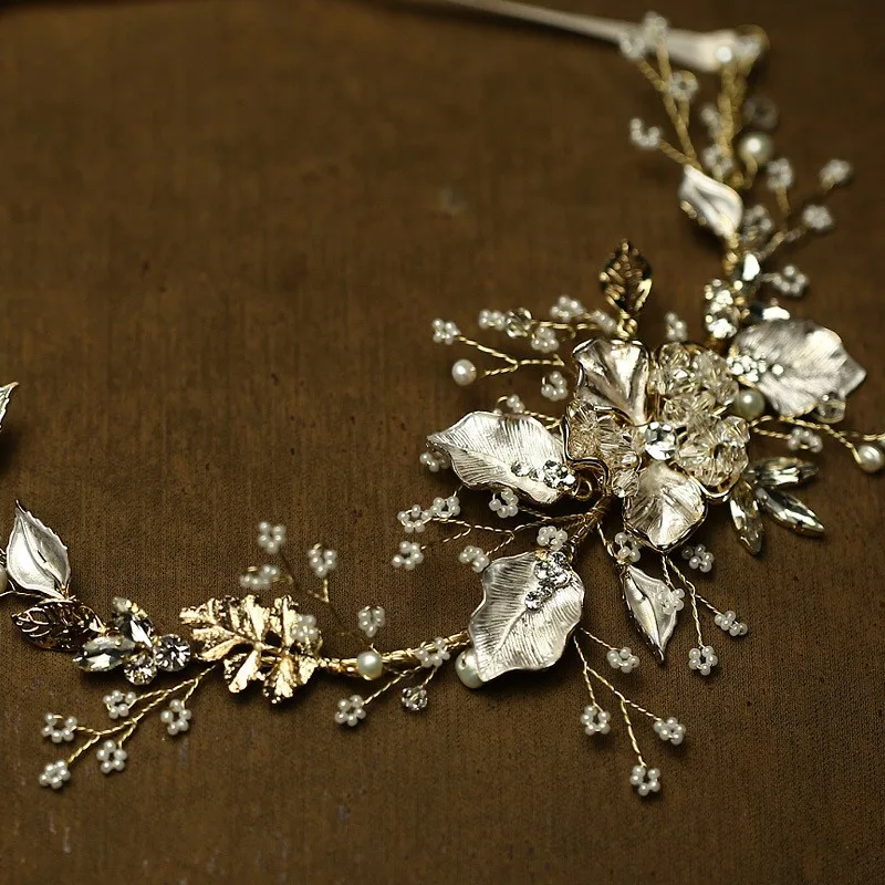 SLBRIDAL с жемчугом и цветами; прозрачные стразы сусальное золото свадебный головной убор лоза волос Свадебный повязка аксессуары для волос аксессуары для Для женщин ювелирные изделия