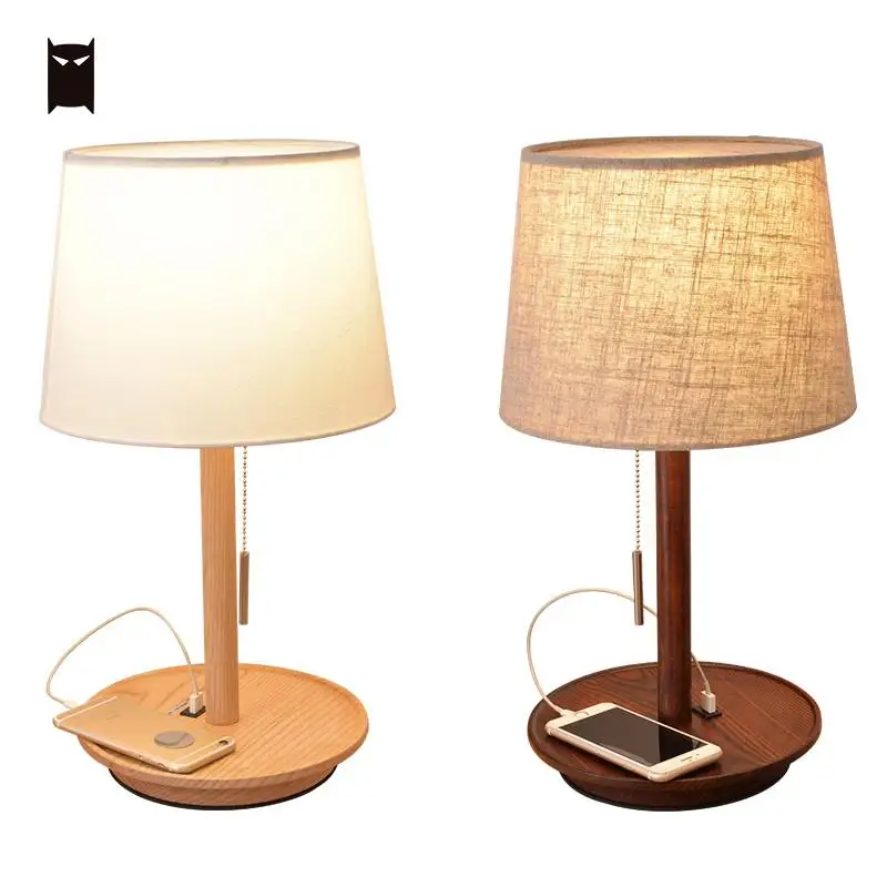 Твердая древесина USB зарядка Тяговая проволока тканевый Абажур Настольная лампа