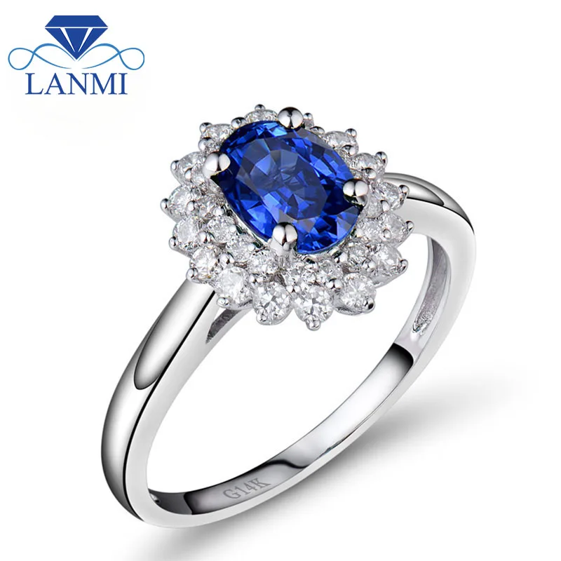 

LANMI Vintage Oval 5x7mm 14k White Gold Sapphire Rings 0.43ct Full Cut Diamonds Engagement Blue Gemstone Women Ring BAB1401