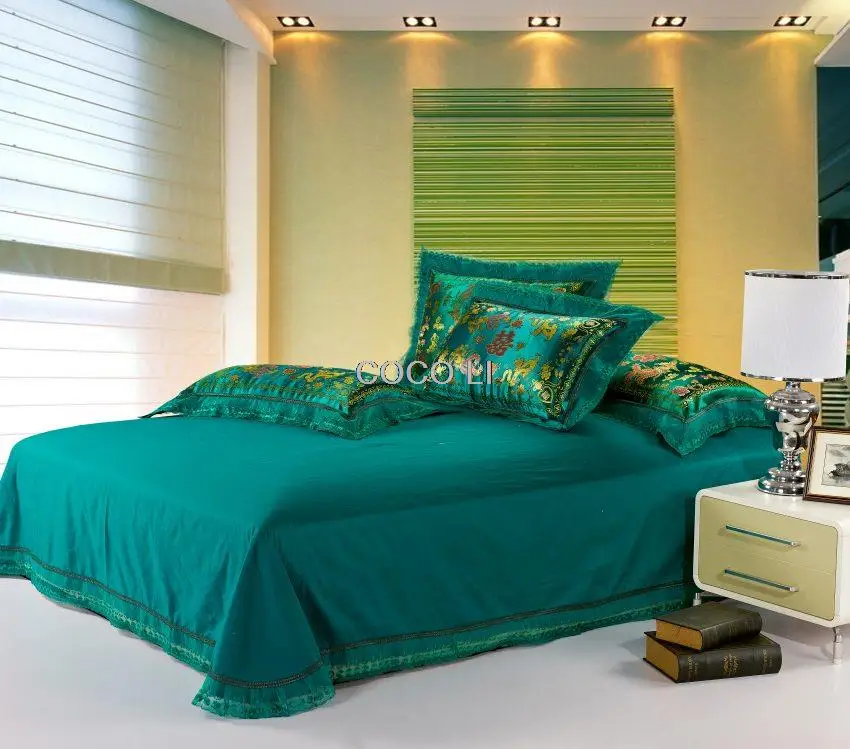 Зеленый атласный пододеяльник набор с драконом и Фениксом Китайский Свадебный