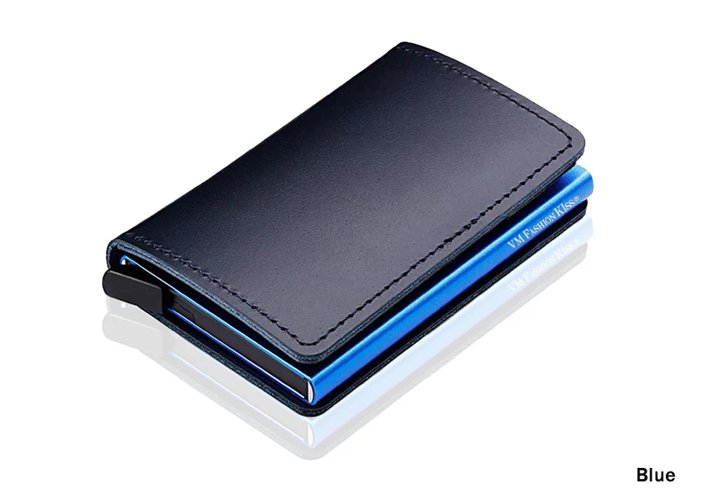 blue VM FASHION KISS RFID Genuine Leather Minimalist Wallet DIY Metal Aluminum Safe Purse Credit Id Business Card Holder Cardholder - Цвет: blue