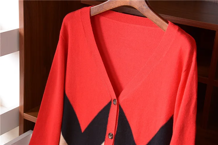 wool polyamide blend patchwork knit women England style contrast color Vneck single breasted cardigan sweater M-L |