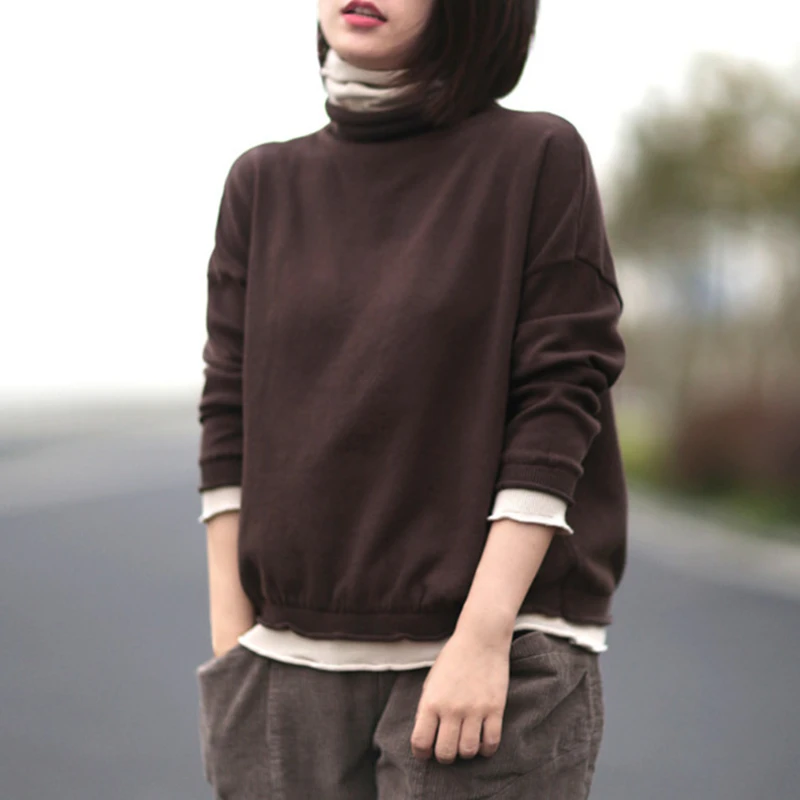 Johnature 2020 Autumn Winter Casual Fake Two Pieces Turtleneck Knitted Sweater Women Simple Long Sleeve Pullover Sweaters | Женская