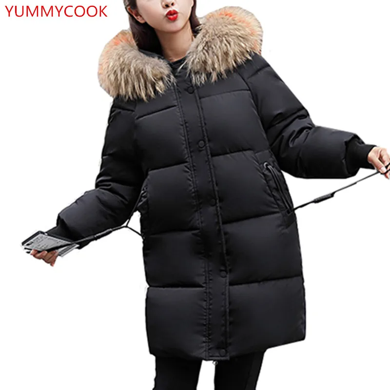 Средней длины с длинными рукавами однотонная зимняя теплая хлопковая куртка