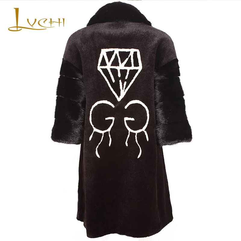 

LVCHI 2019 Woman real mink Fur Coats Winter Midi Fashion Lamb Fur Diamond Pattern Casual Turn-down collar clothes for women