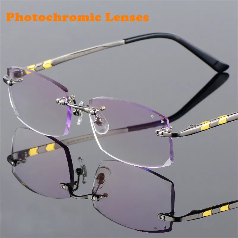 Grey Photochromic Титановые очки для мужчин без оправы по рецепту для чтения близорукость фотохромные прогрессивные очки большие широкие очки с цветными линзами - Цвет оправы: Grey Photochromic