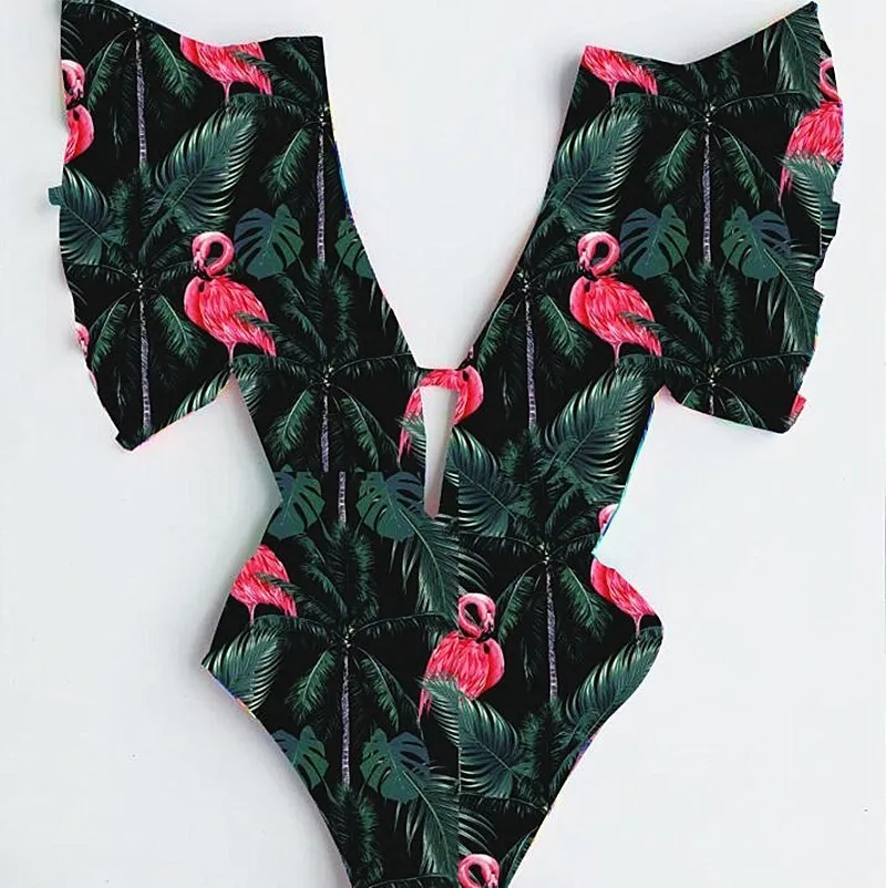 Women Swimwear NEW Green Leaves Printed One Piece Swimsuit Female Bather Ruffled Bathing Suit Swim Lady Monokini