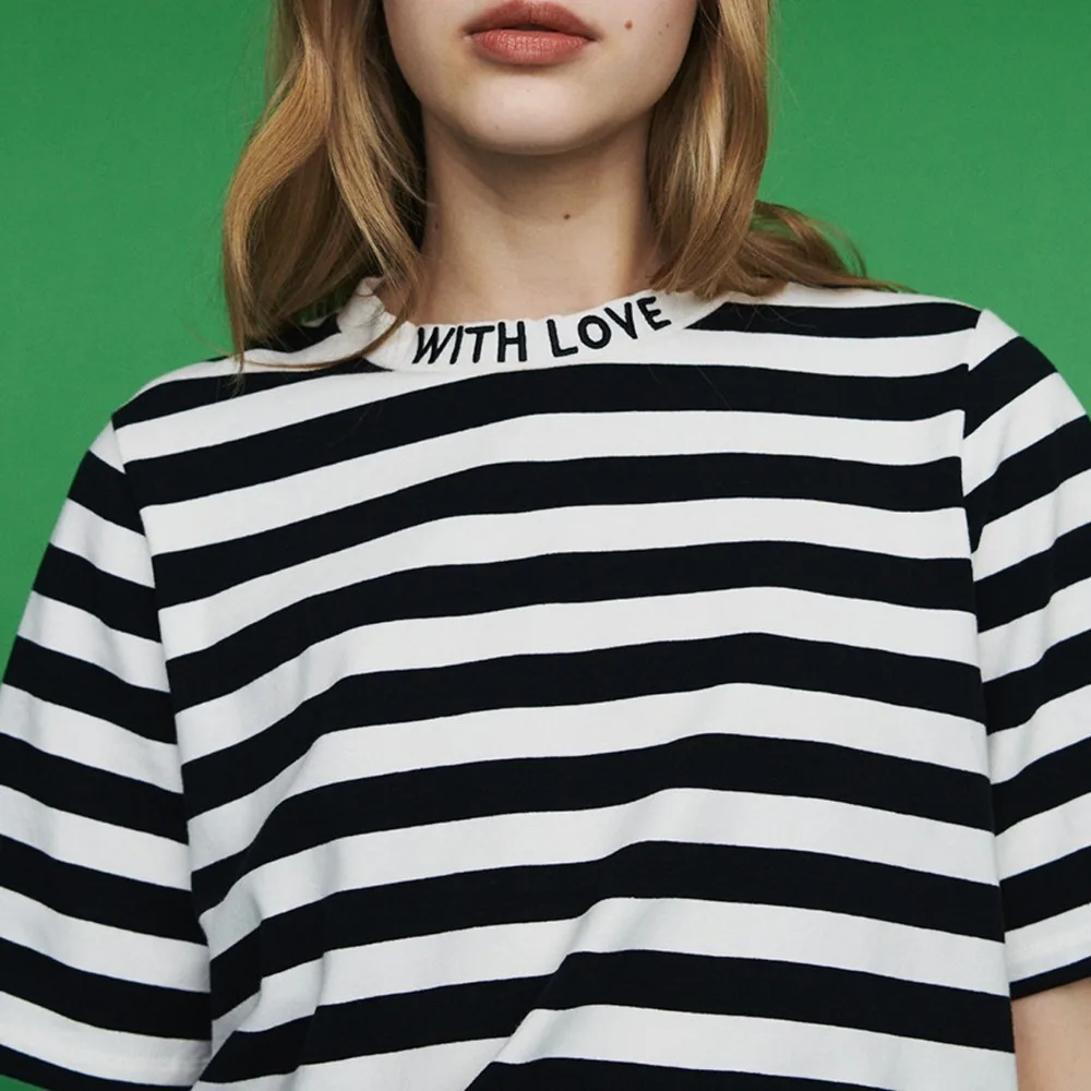 HDY Haoduoyi Femme Tops Summer Stylish Sweet Preppy Style Letter Stripe Knit T-shirt Embroidered O-Neck Loose Metal Zipper Tees | Женская