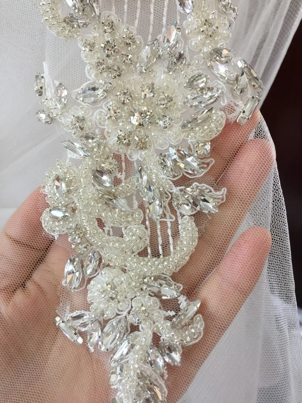 Изысканные прозрачные серебряные 3D Стразы из бисера кружевные свадебные аппликации для свадебной ленты свадебный цветок для волос Бутик от кутюр
