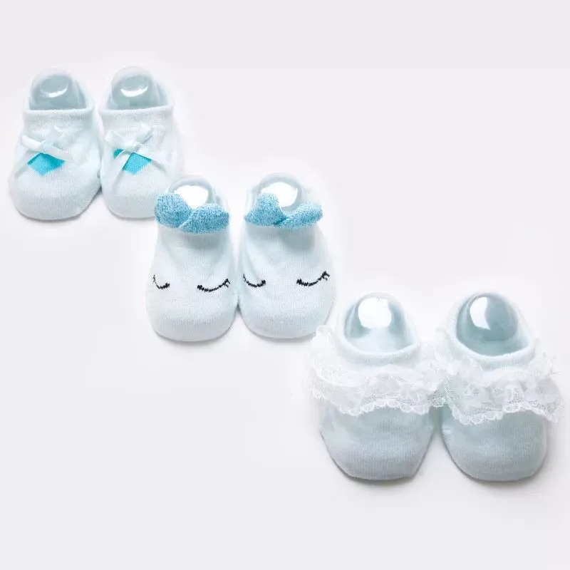 2 sky blue 3 пар/упак. носки для маленьких девочек хлопковые носки-тапочки для новорожденных с бантом и кружевом, носок с рюшами, нескользящие носки-тапочки для детей 0-3 лет - Цвет: 2 sky blue
