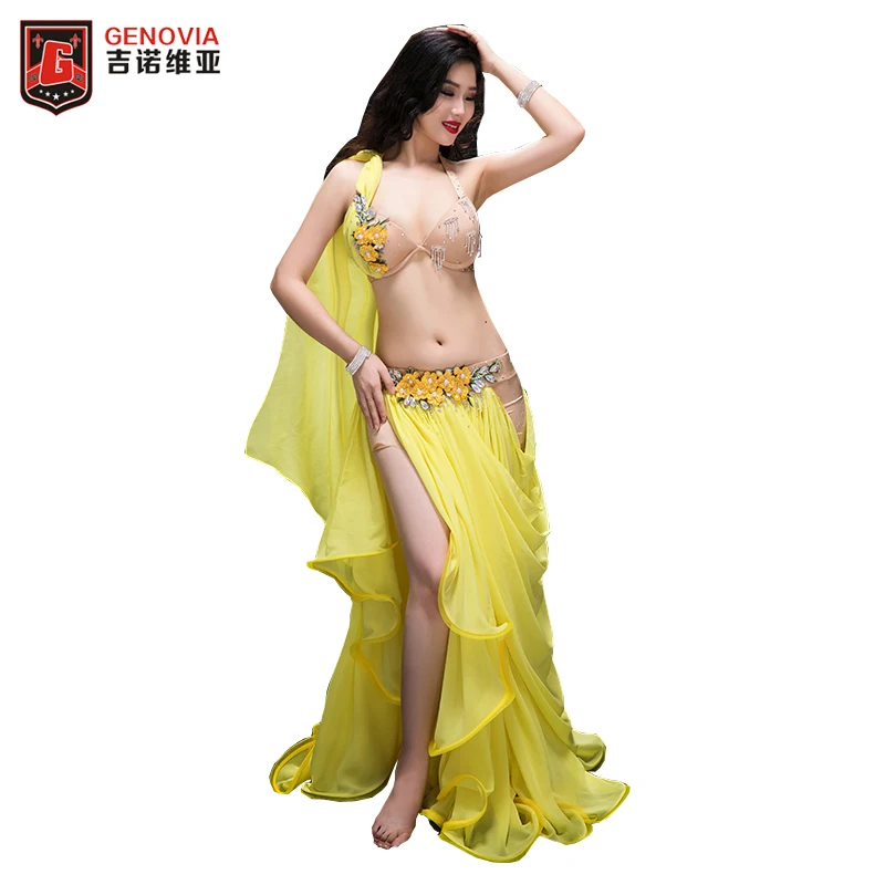 

Высокое качество, костюм для танца живота, одежда для сцены, ручная работа, комплект из 2 предметов, бюстгальтер и длинная юбка, роскошный жен...