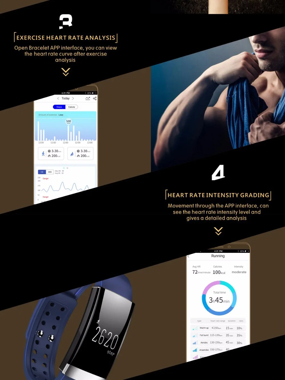 HLTON спортивный умный Bluetooth браслет для здоровья калорий монитор сердечного ритма фитнес-трекер Браслет Удаленная камера Анти-потеря браслет