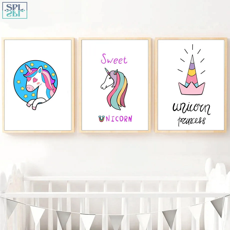 

SPLSPL Kids Room Decoration Cute Unicorn Princess Posters And Prints Canvas Art Painting Cartoon Wall Pictures For Living Room