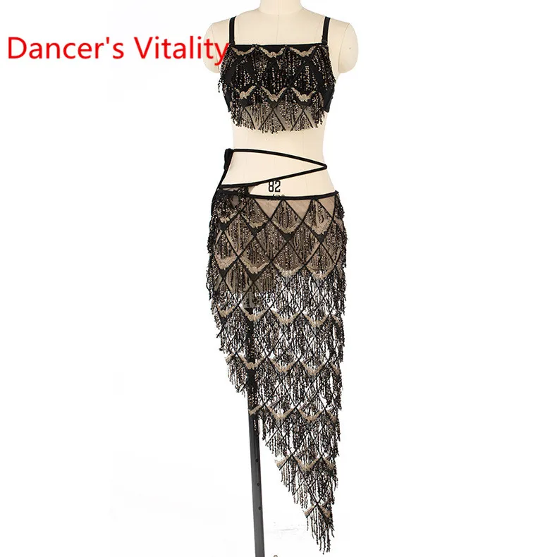 Черный Женская одежда для танца живота Bling Bling Sequins Танцевальный костюм Бюстгальтер+ бедро полотенце 2 шт. Латинский танец длинный шарф платье Костюм Модная одежда - Цвет: Черный