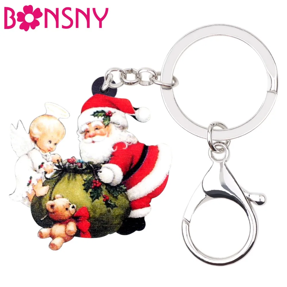 Bonsny акриловые рождественские брелки для ключей с Санта Клаусом ангелом сумкой