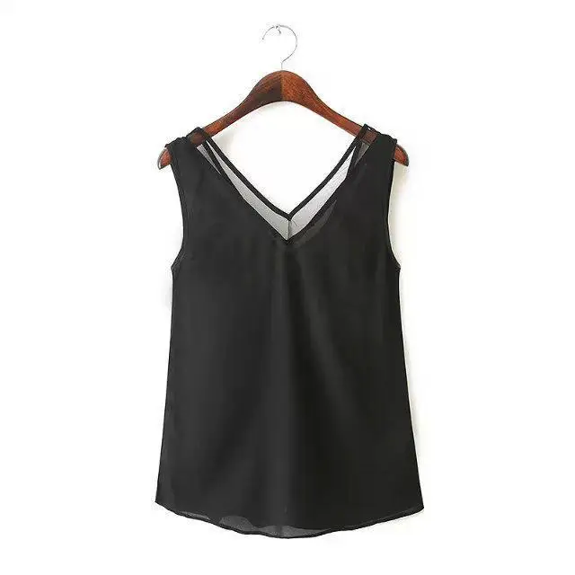Women Chiffon Sexy Blouses Shirts 2017 Ladies V Neck Sleeveless Casual Blusas Mesh Splice See Through Slim Top Plus Size |