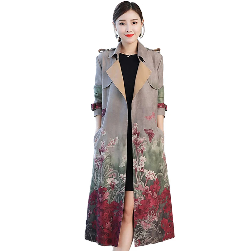 

NEW Trench coat women 2019 Spring autumn printing long Chamois Suede Windbreaker fashion female Slim coats Plus size Trench H599