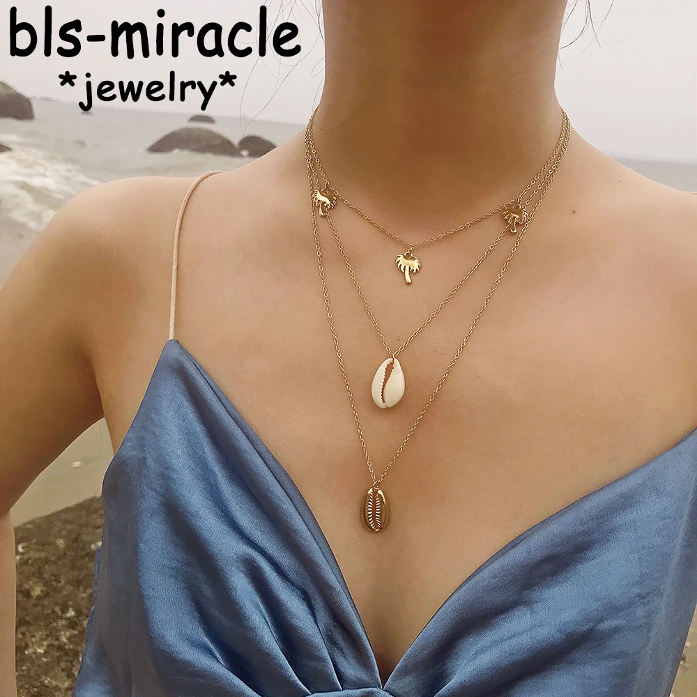 Bls-miracle 2018 New Boho Multi-layer Necklace For Woman Coconut Tree Pendant Alloy Shell Choker Jewelry Drop shipping | Украшения и