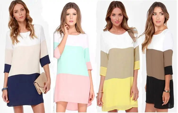 

Women Tri-color Bag Buckles Stitching slit Dress split Loose sleeve