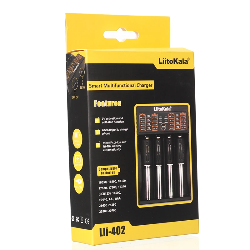 

Liitokala Lii-402 Micro USB DC 5V 2A 4Slots 18650/26650/16340/14500 Battery Charger lithium NiMH battery for 3.7V AA AAA SC
