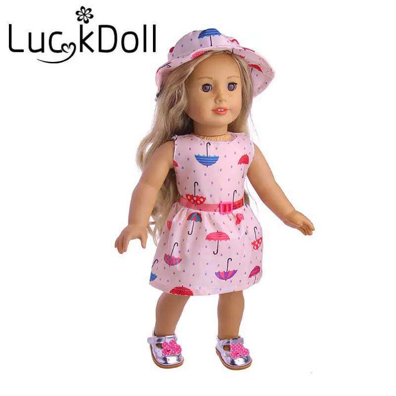 LUCKDOLL Платье с принтом шляпа и пояс подходят 18 дюймов Американский 43 см BabyDoll