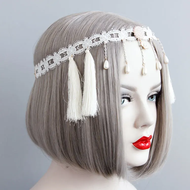 Женская повязка на голову белая кружевная лента с кисточками и жемчугом|crown