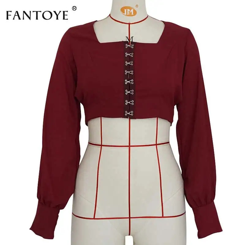 Wine Red Fantoye, сексуальный шифоновый женский топ с открытой спиной и блузка, рубашки, повседневный квадратный воротник, рукав-фонарик, открытая спина, бандажный белый укороченный топ - Цвет: Wine Red