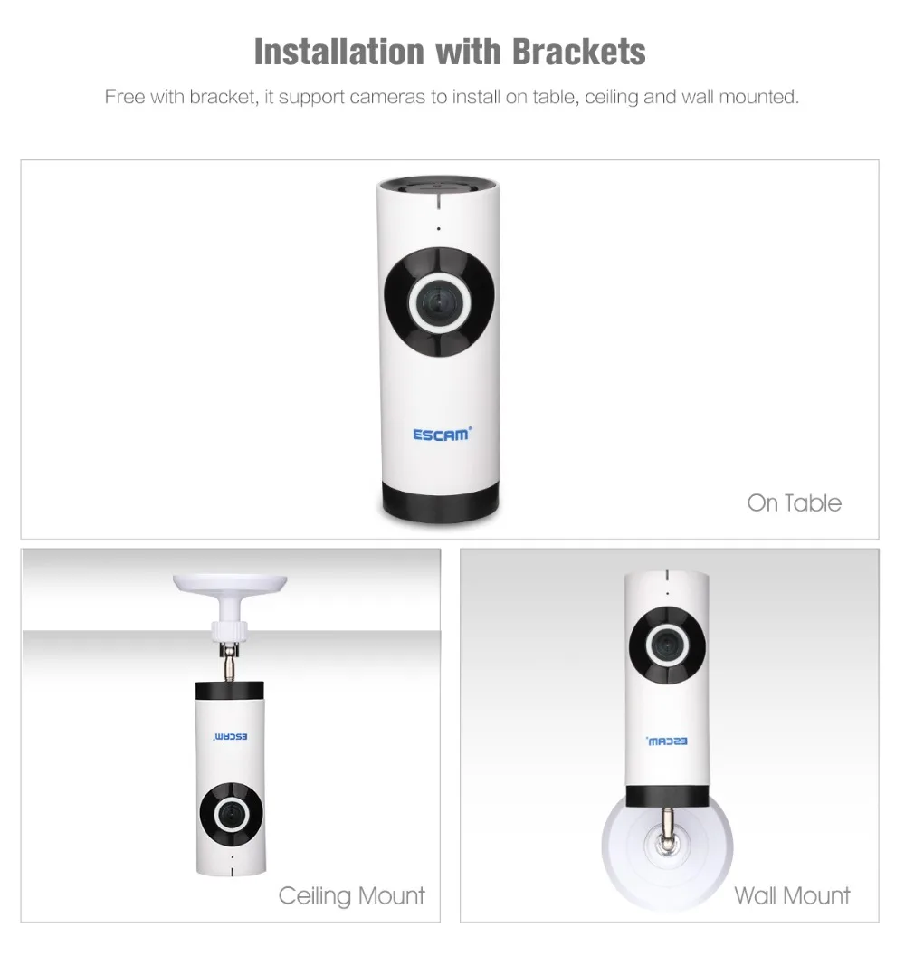 ESCAM QP110 Ip камера Рыбий Глаз Мини Wi Fi 720 P Крытый Ночного Видения Беспроводная Камера