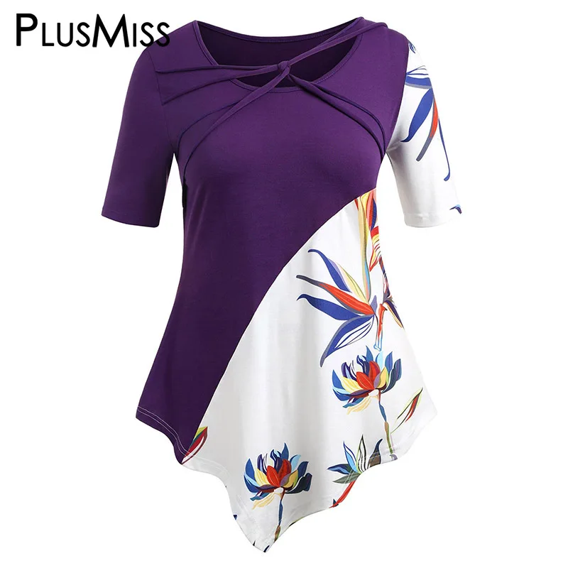 PlusMiss плюс размер 5XL принт Асимметричная футболка женская летняя 2018 туника с