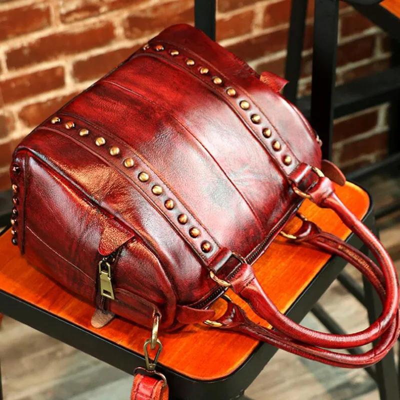 CHSANATO, винтажные сумки из натуральной кожи для женщин, новинка, для отдыха, тренд, дамская сумка с заклепками, Бостонская сумка для девушек, сумочка