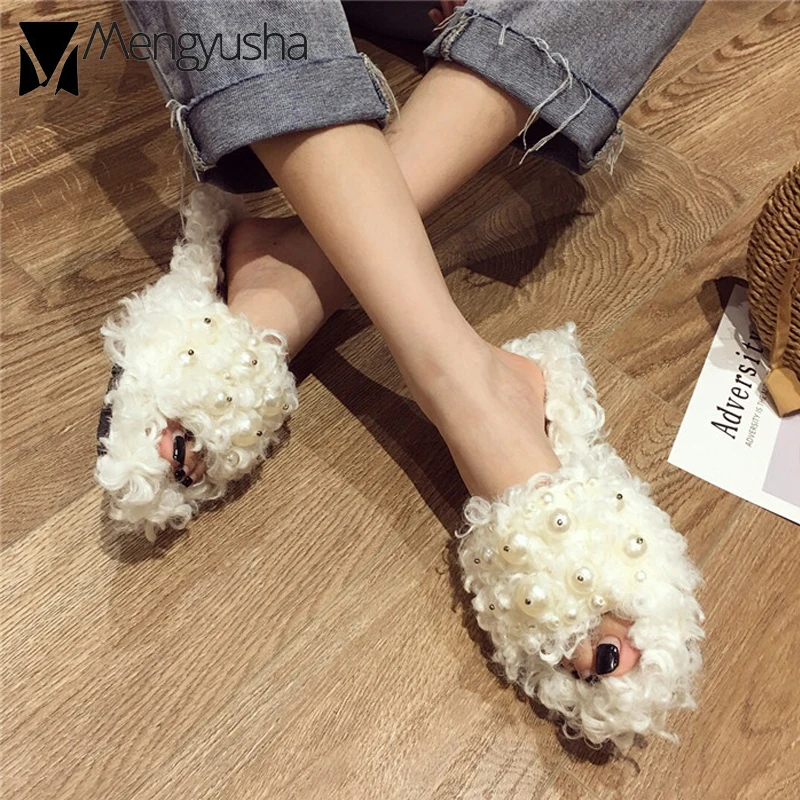 Шерстяные сандалии на плоской подошве с жемчугом женские домашние меховые