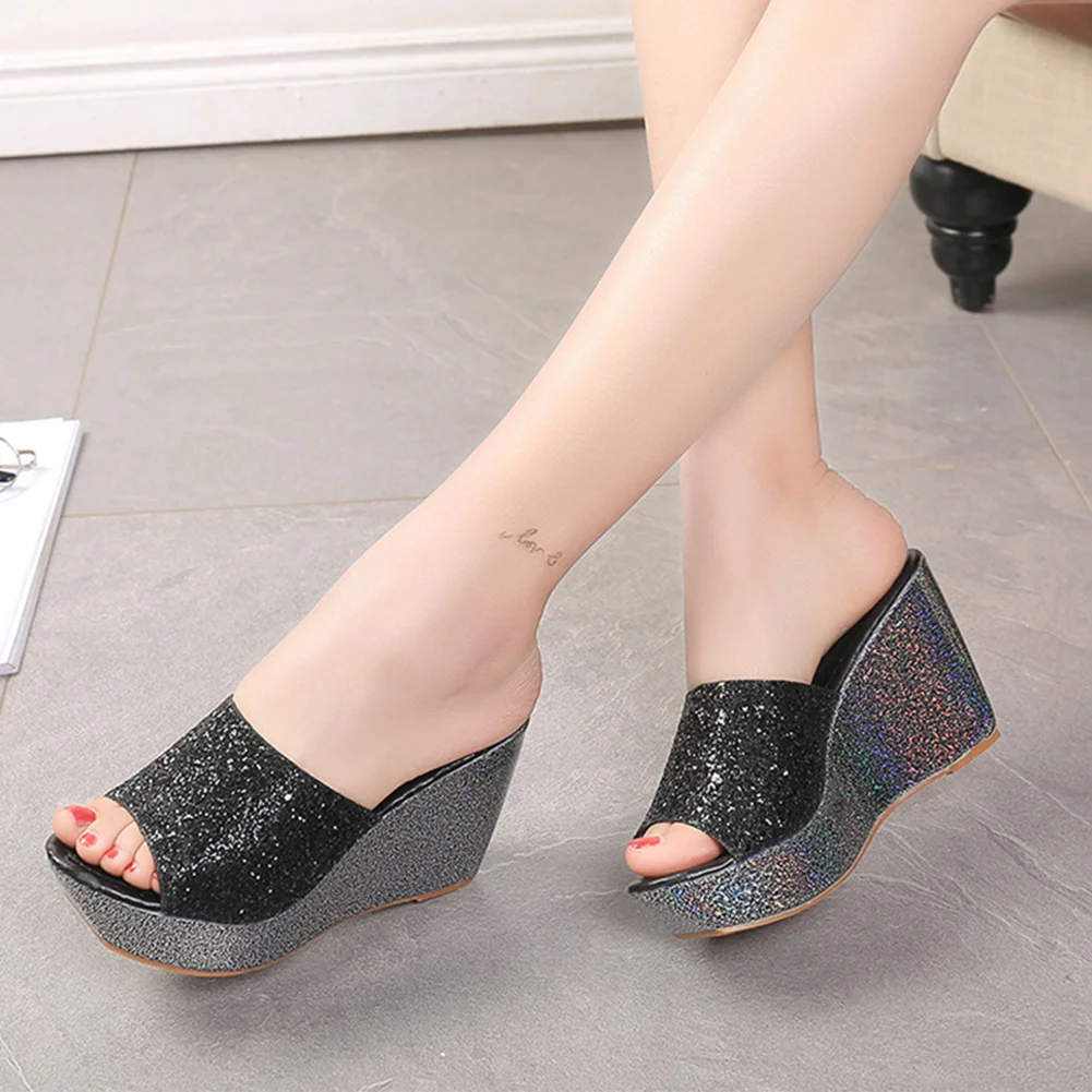 Для женщин тапочки блестки пляжные сандалии на толстой платформе с блестками и