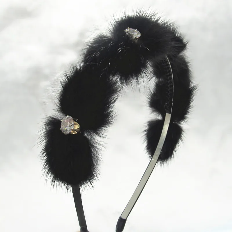 black with gems Новинка, натуральный мех, помпон, бант с драгоценными камнями, элегантный норковый бант, повязка на голову для девочек, модные женские романтические зимние аксессуары для волос - Цвет: black with gems