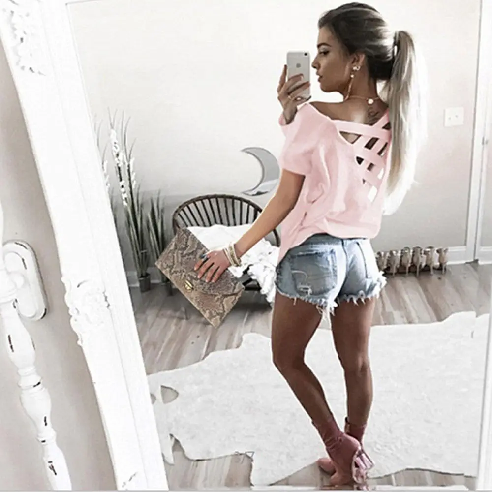AVODOVAMA M Elegant Blouses Women Short Sleeve Shirts Fashion Casual Sexy Backless Ladies Tops |