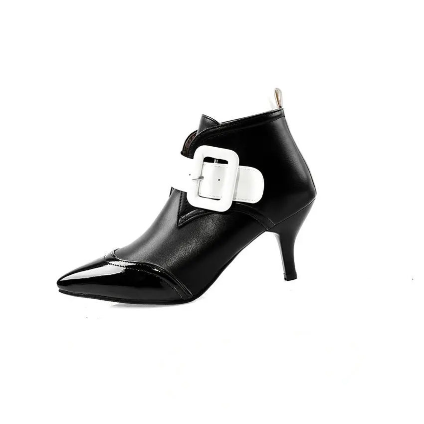 QUTAA Patent Leather Mixed Color Buckle Strap Women Shoes Autumn Winter Sexy Thin Heel Pointed Toe Ankle Boots Size 34-43