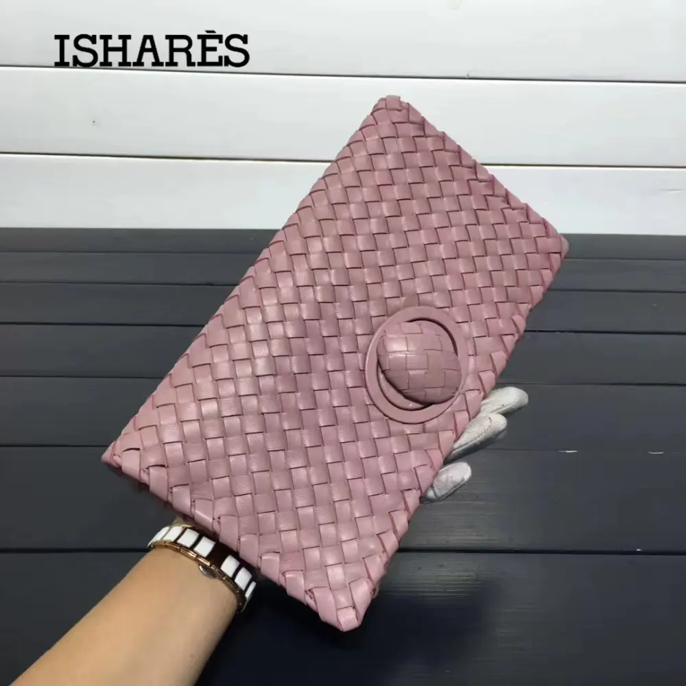 

ISHARES woven sheepskin day clutches genuine leather rotary switches casual clutch women handbags fashion cover closure IS6659