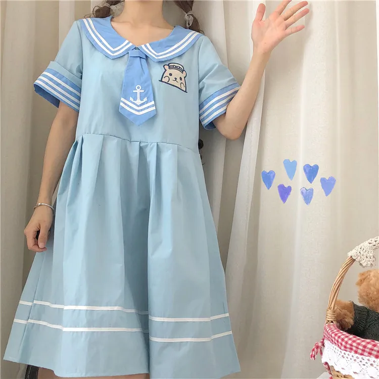 Женское платье в японском стиле «Лолита»; Повседневное платье Kawaii в стиле колледжа; платье с вышивкой медведя; светло-синее платье; милое платье в стиле «лолита» для девочек