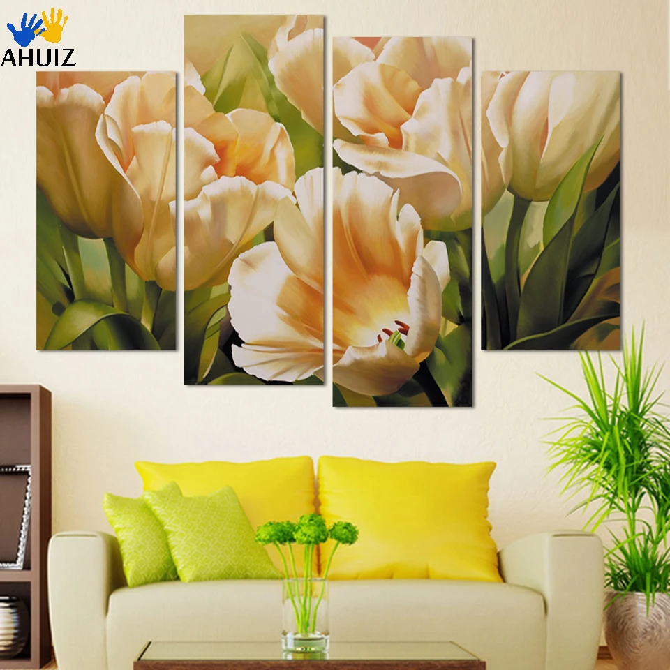 Мода 4 панели настенное искусство печать живопись на холсте картина тюльпан