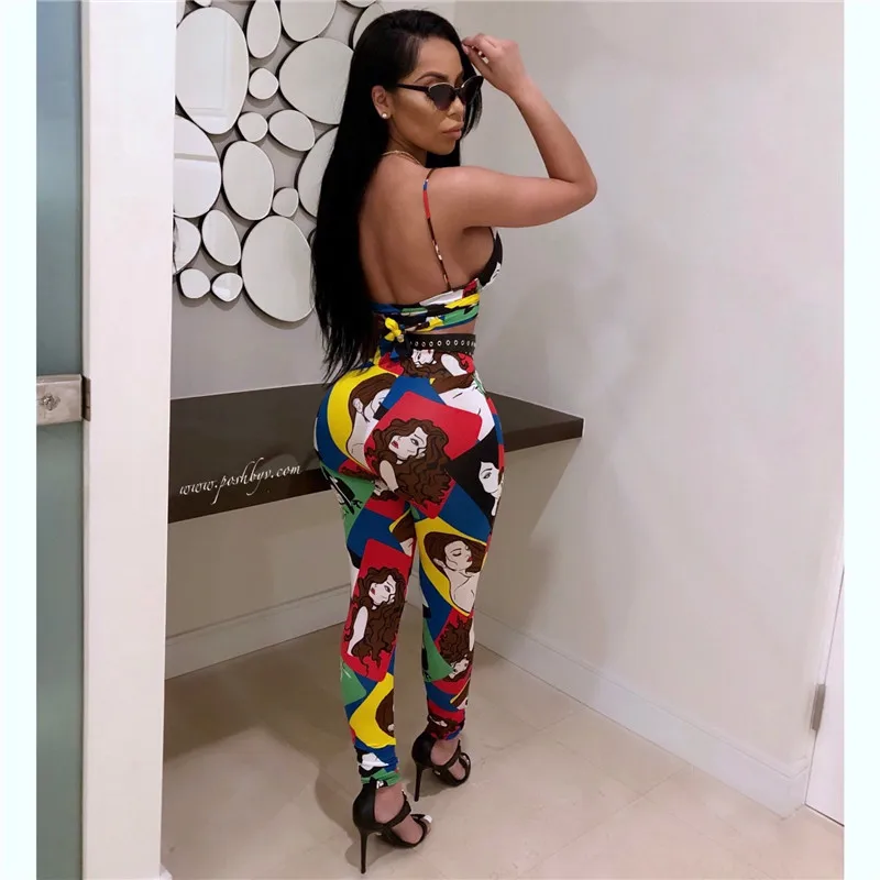 

Character Print Summer Two Piece Sets Sexy Deep V-Neck Crop Top and Pants Outfit Fashion Skinny Casual Jumpsuit Rompers Sashes