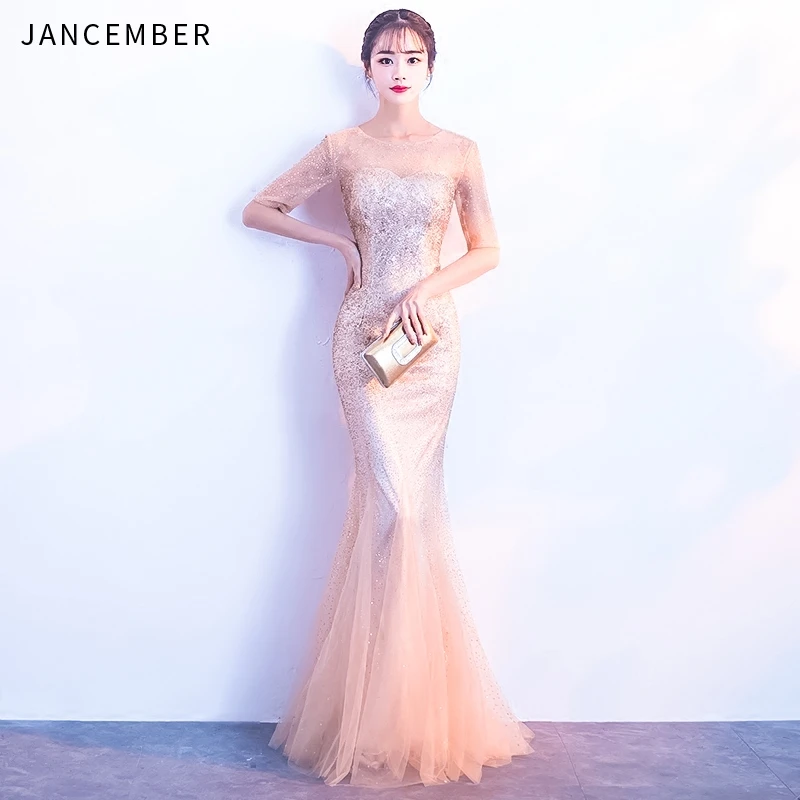 JANCEMBER выпускное платье цвета шампанского с длинным круглым вырезом на молнии