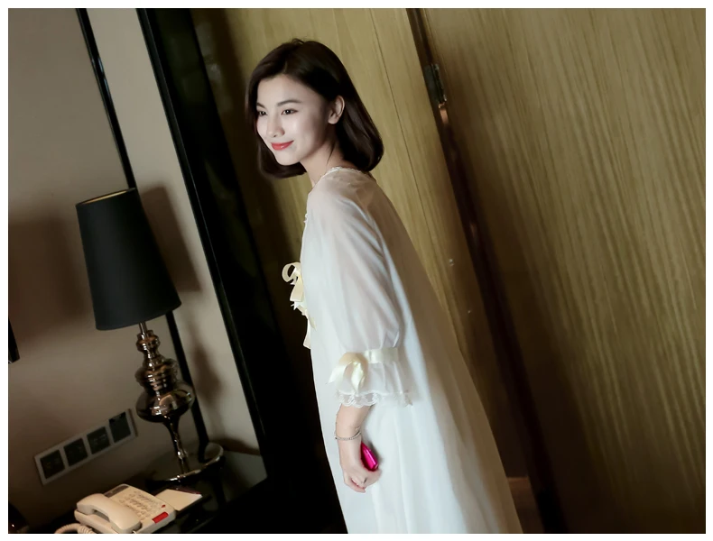 Autumn Summer White Silk Cotton 2- Pics Women's Long Nightgowns Elegant Sweet Princess Royal Loose Plus Size Sleepwear 5589