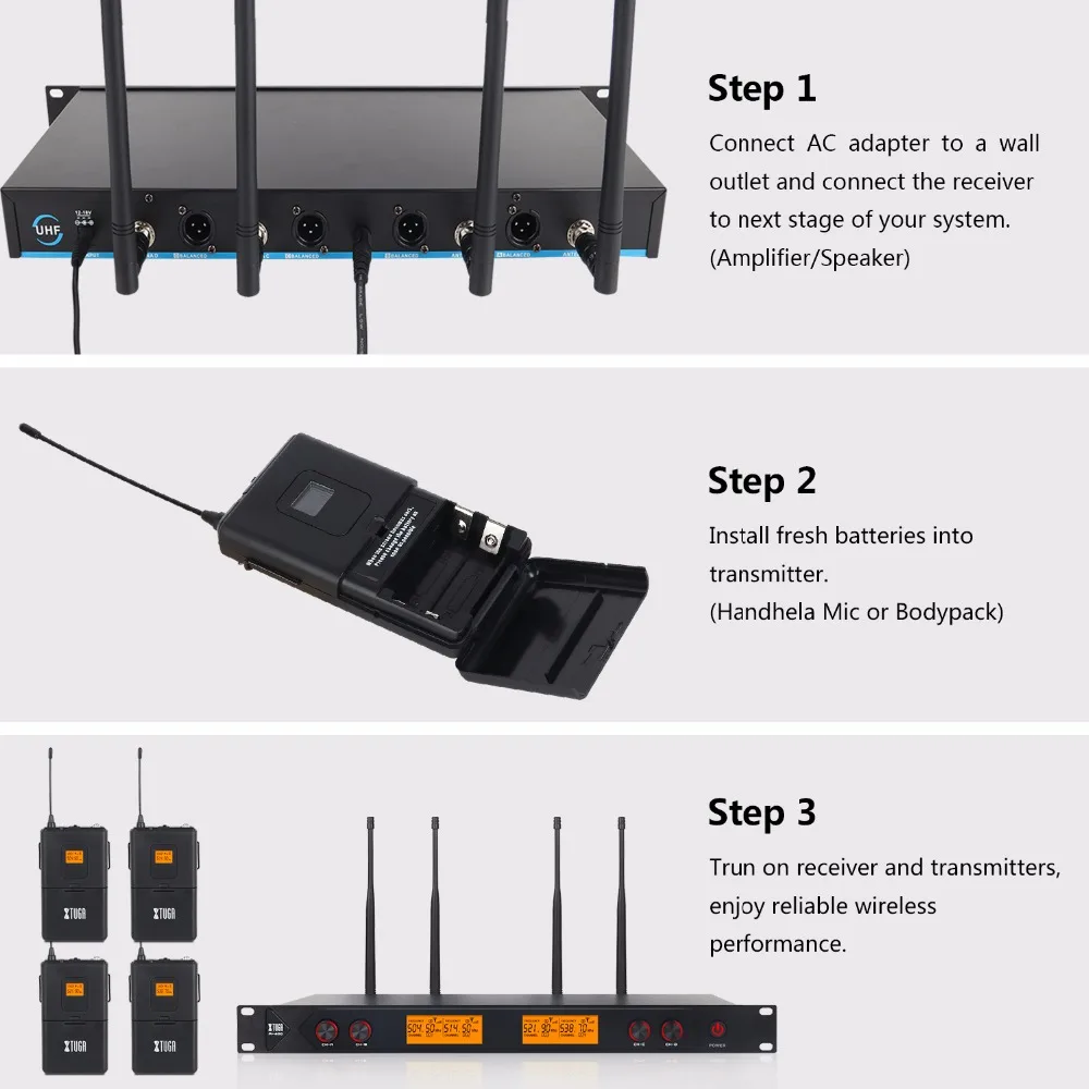 XTUGA A400, металлический материал, 4-канальный UHF беспроводной микрофон, система с 4 корпусами, используется для сцены, церковные, вечерние