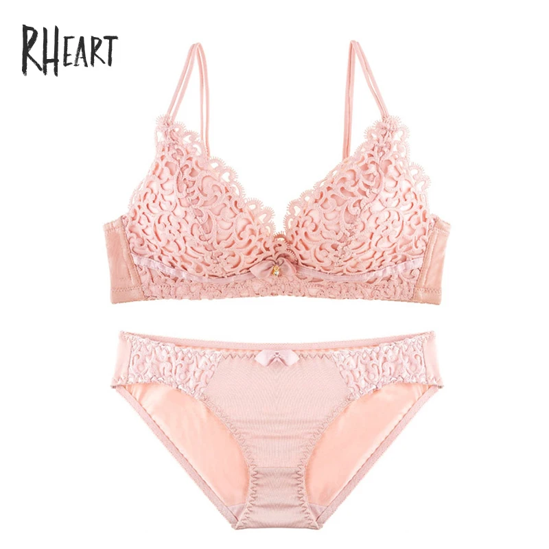 Roseheart, новинка, женское модное сексуальное белье розового и красного цветов, кружевное жаккардовое беспроводное нижнее белье с бантом, хлопковые трусики, милые комплекты бюстгальтеров, нижнее белье - Цвет: Pink